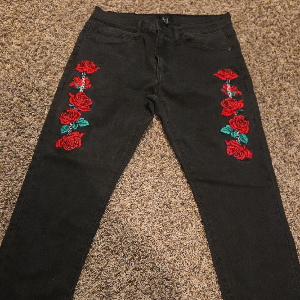 Forever 21 Black Jeans with Red Floral Embroidery